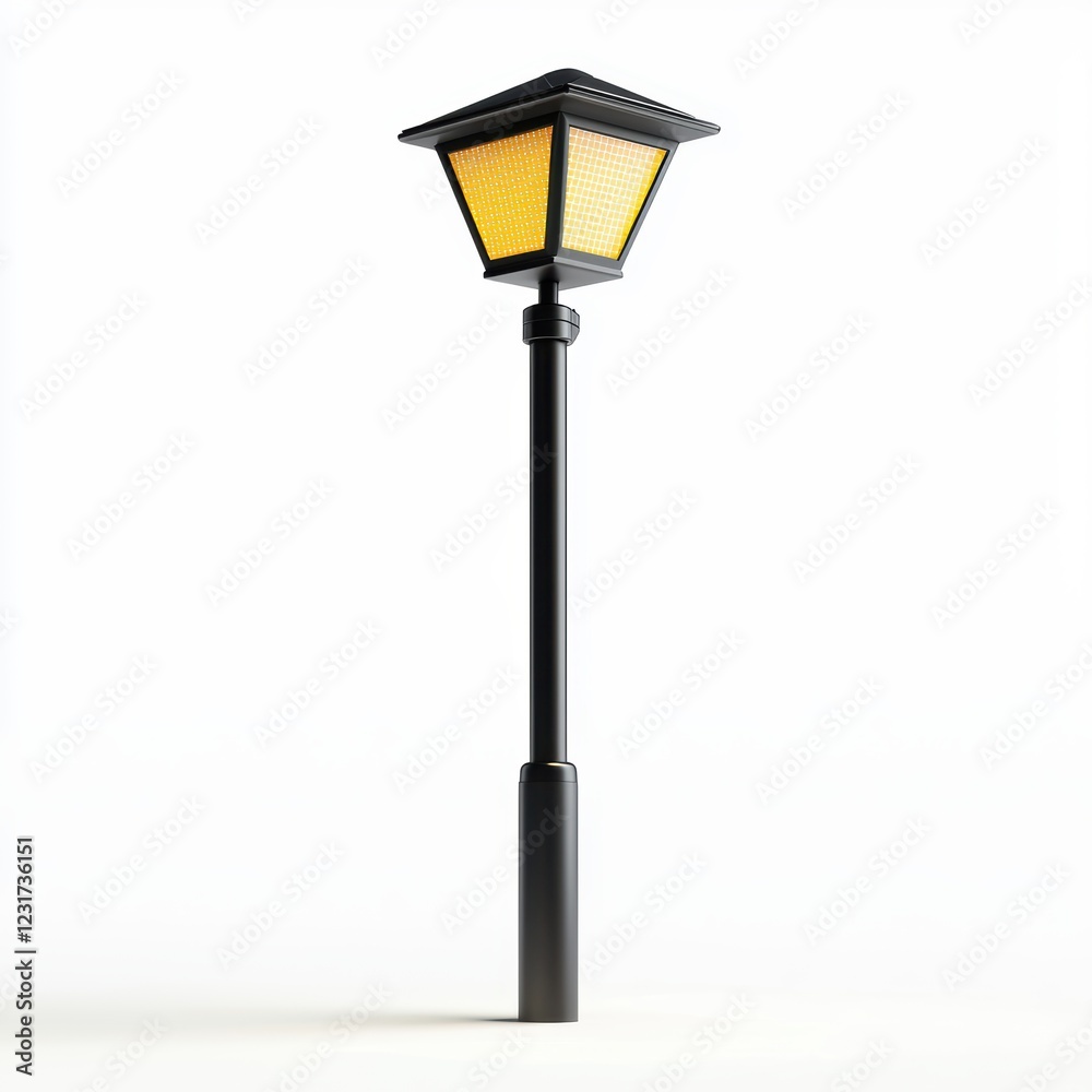 Solar-powered smart street lamp glowing at night, placed on a bright white background Solar-powered smart street lamp glowing at night, placed on a bright white background