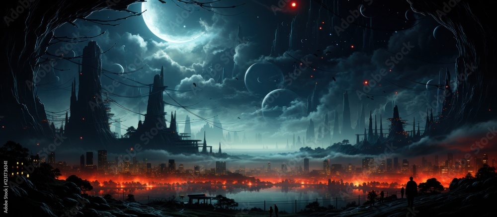Nightfall dystopian city burning, moonscape background, fantasy art