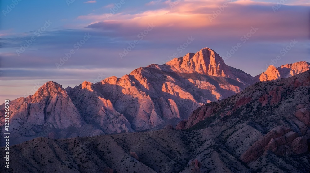 Naklejka premium A stunning view of the Rocky Mountains at sunset, with jagged peaks glowing in orange and purple hues. 