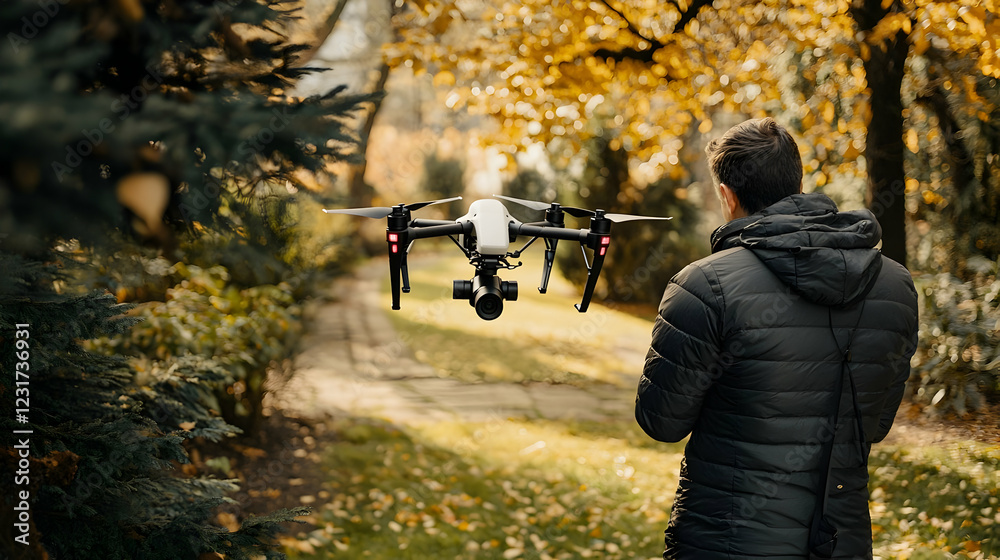 Naklejka premium Man flying drone in autumn park