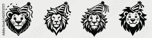 Four playful lion illustrations wearing party hats, showcasing different expressions and styles, perfect for celebration themes. photo