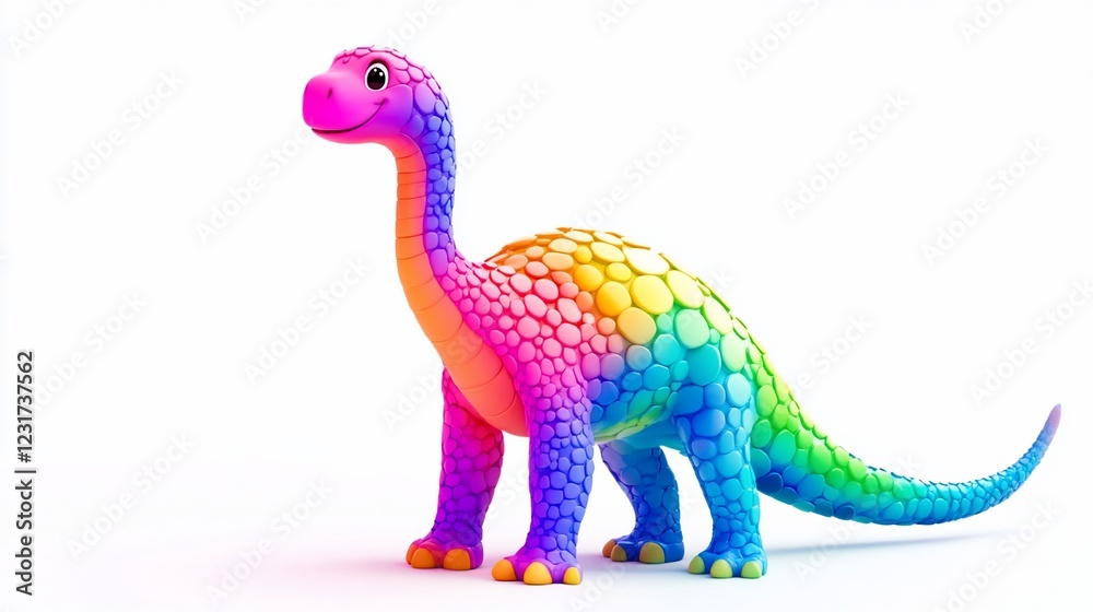 Naklejka premium Rainbow dinosaur cartoon, white background, playful, children's book illustration