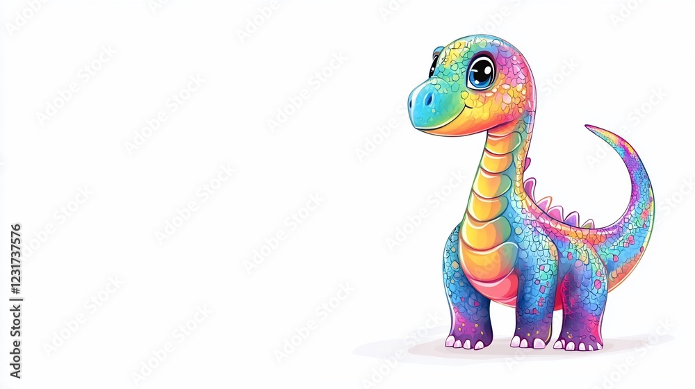 Fototapeta premium Rainbow dinosaur illustration, curious pose, white background, children's book