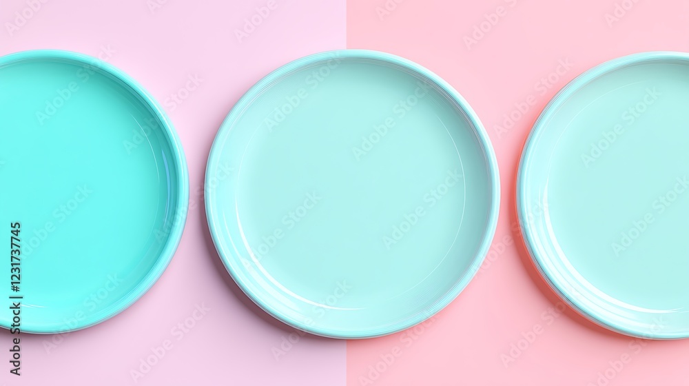 Three Empty Plates on a Pink and Light Blue Background for Minimalist Food Presentation and Decoration Three Empty Plates on a Pink and Light Blue Background for Minimalist Food Presentation and Decoration