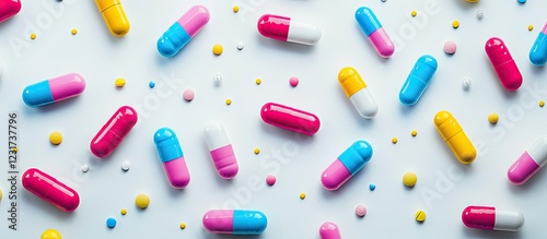 Colorful assorted capsules and pills scattered on a clean white surface featuring pink blue yellow and white elements in dynamic arrangement photo