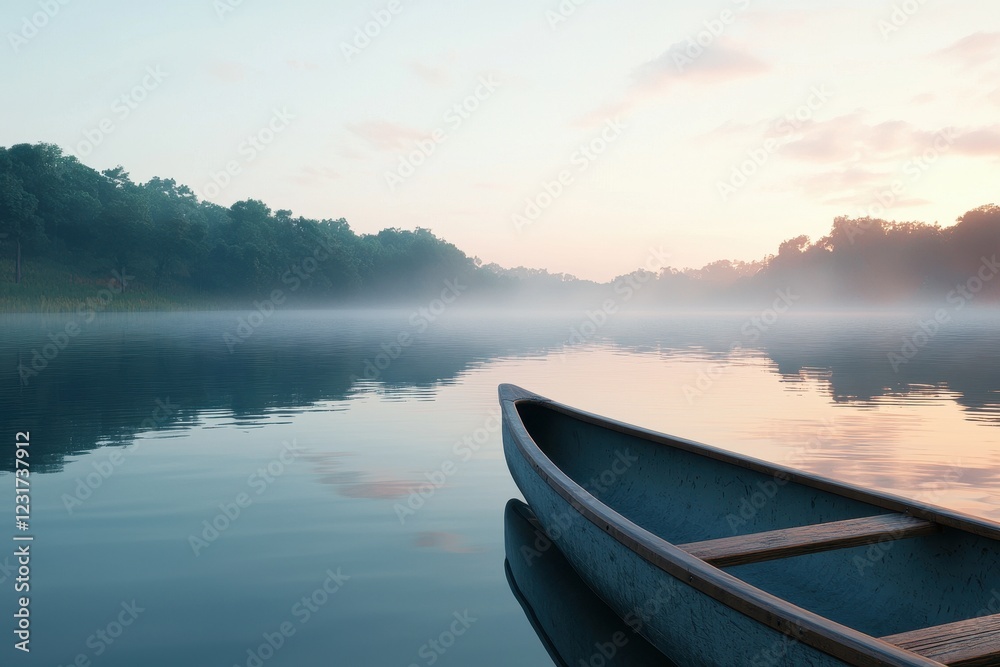 Serene Morning Reflection on Calm Lake with Canoe in Mist Serene Morning Reflection on Calm Lake with Canoe in Mist
