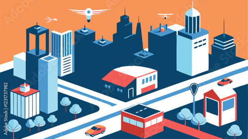 vector illustration of a smart city with autonomous vehicles, eco-friendly buildings, drones, and an Internet of Things (IoT) network, in a neon tech style.