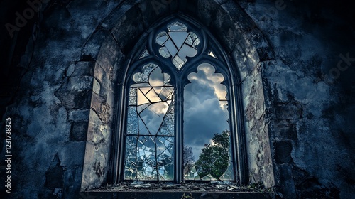 Broken gothic church window, stormy sky, ruin, decay, dramatic light, fantasy, game background