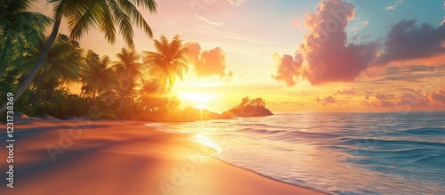 Fototapeta Naklejka Na Ścianę i Meble -  Stunning beach sunset with vibrant orange and pink hues in the sky reflecting on gentle waves, palm trees silhouette against golden sands