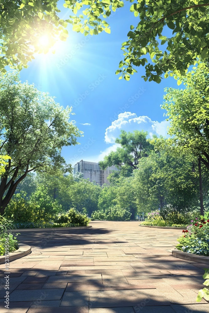 A tranquil city park with a sunlit pathway surrounded by vibrant green trees and clear blue skies. A tranquil city park with a sunlit pathway surrounded by vibrant green trees and clear blue skies.