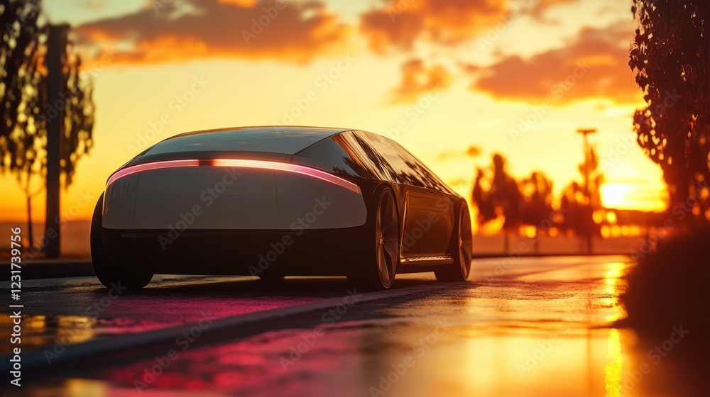 Naklejka premium A futuristic car is driving down a road at sunset. The car is black and has a long hood