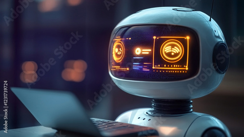working on a laptop in a modern office setting. AI robot replacing humans at work. An image of a humanoid robot sitting at a desk, 