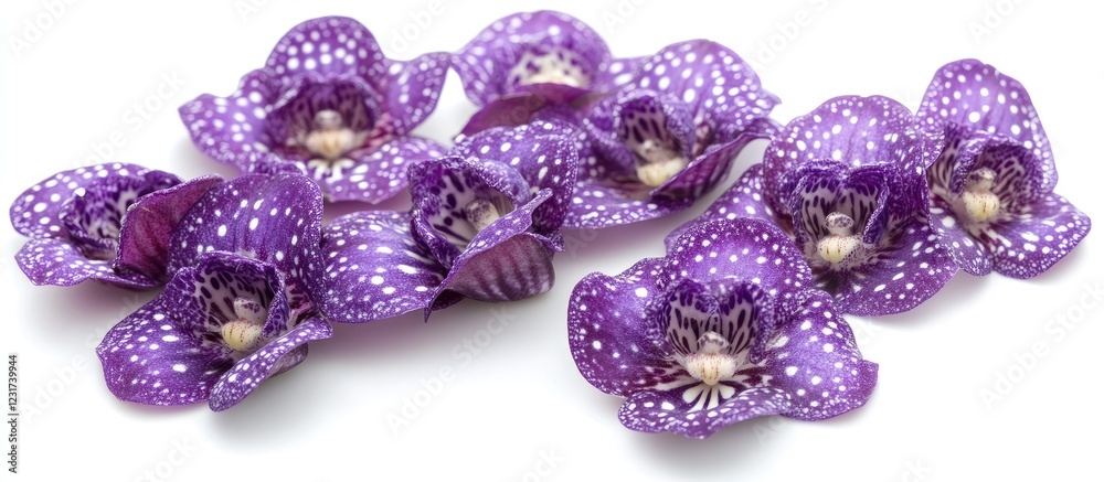Fototapeta premium Vibrant purple orchids with striking white spots scattered on a clean white background, highlighting their natural elegance and beauty in floral arrangements.