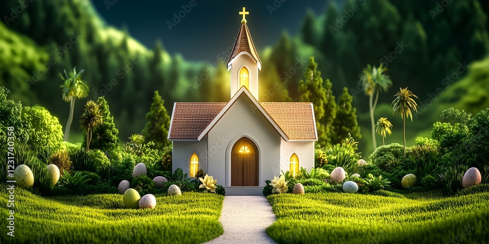 Obraz premium A charming church surrounded by lush greenery and colorful eggs, set in a serene landscape at twilight. Concept Charming Church, Lush Greenery, Colorful Easter Eggs, Serene Twilight Landscape