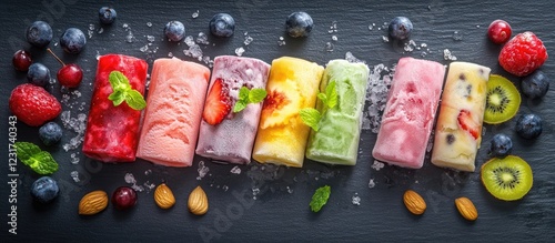 Colorful rolled ice cream varieties displayed on a dark slate plate with fresh fruits and nuts arranged around the vibrant ice cream rolls photo