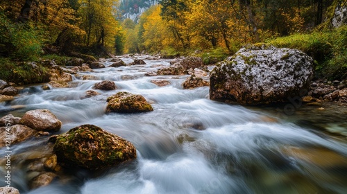 Autumnal Mountain Stream Flowing Through Rocks