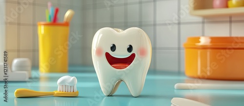 Colorful cartoon tooth character with a big smile on a blue countertop surrounded by a toothbrush and toothpaste tube promoting dental hygiene. photo