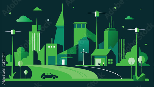 vector illustration of a smart city with autonomous vehicles, eco-friendly buildings, drones, and an Internet of Things (IoT) network, in a neon tech style.