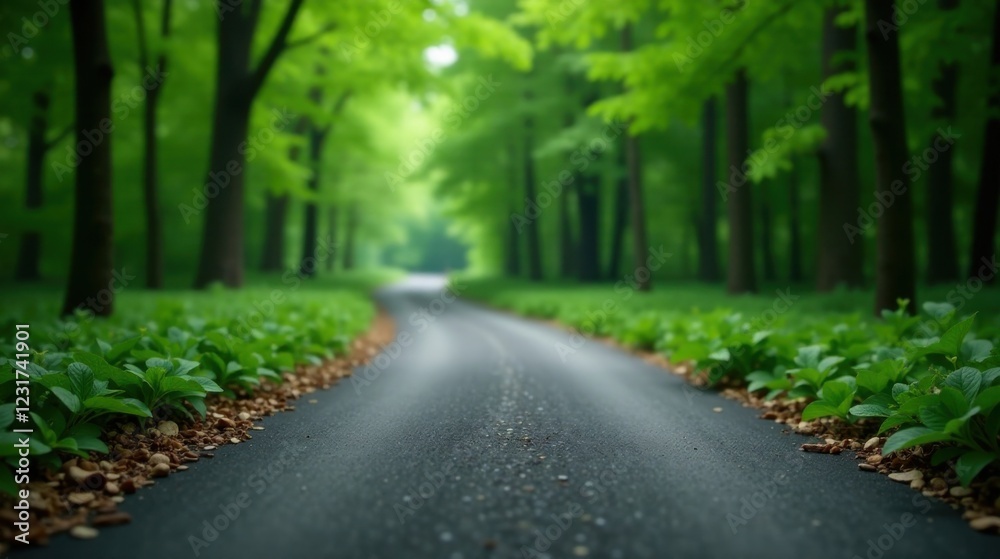 Fototapeta premium Serene asphalt pathway winding through a lush, verdant forest, bordered by vibrant green foliage