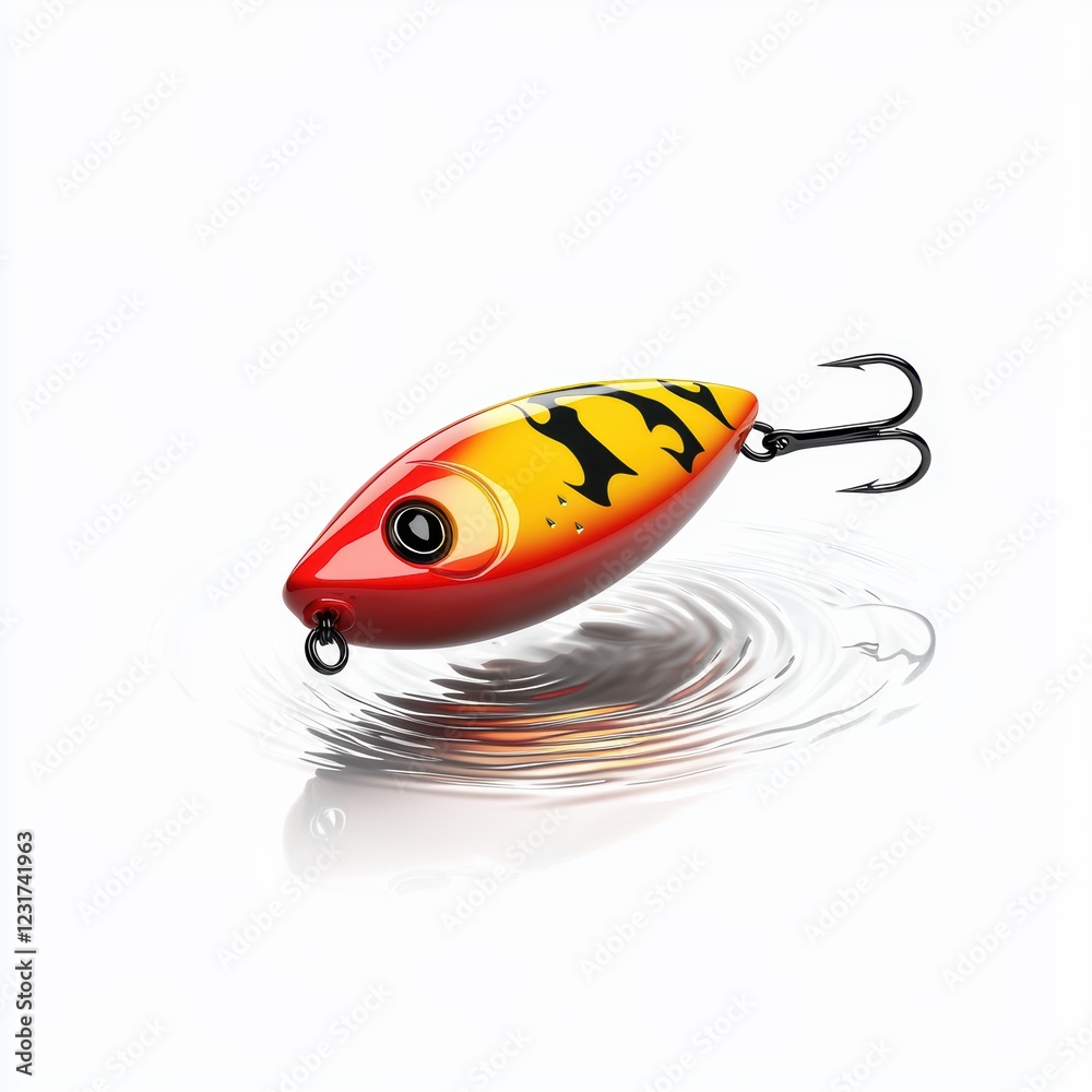 Topwater lure creating ripples on the water surface, placed on a bright white background