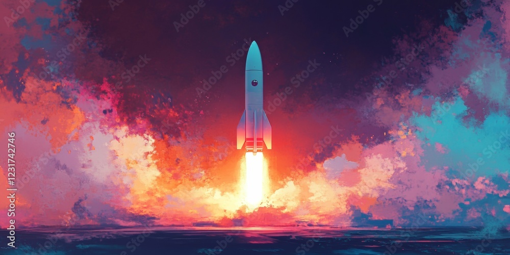 Obraz premium Rocket Launch into the Colorful Sky