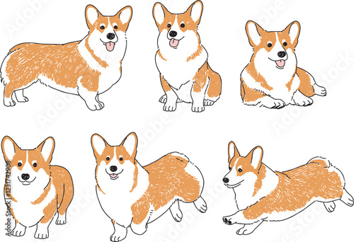 様々なポーズのコーギーの手書きイラストセット