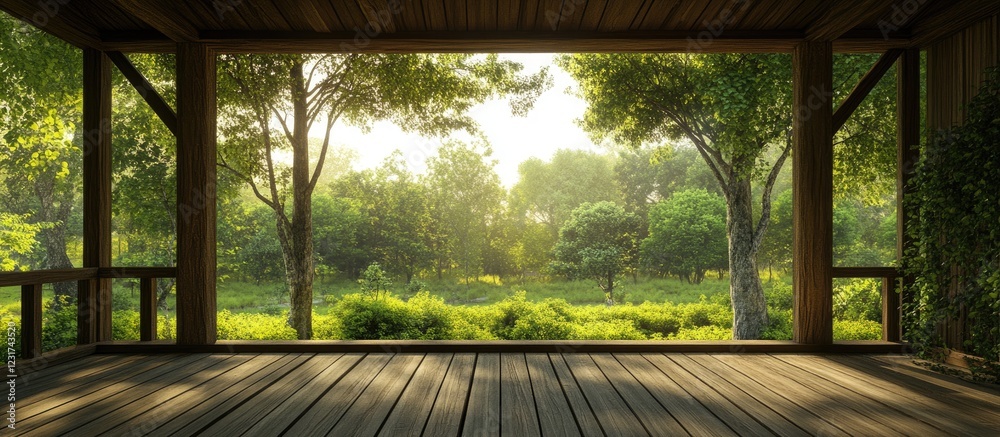 Wooden porch with a panoramic view of vibrant green forest sunlight dappling trees inviting relaxation and appreciation of nature's beauty