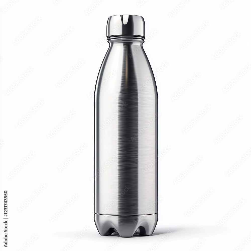 Trendy stainless steel water bottle with a sleek design, placed on a bright white background Trendy stainless steel water bottle with a sleek design, placed on a bright white background