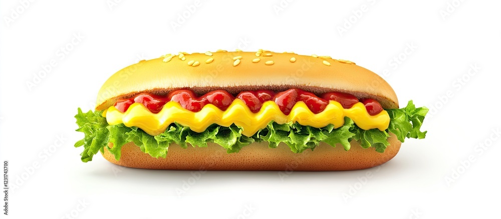 Vibrant hot dog with fresh lettuce, creamy mustard, ketchup, set on a clean white background to emphasize its appetizing details and colors. Vibrant hot dog with fresh lettuce, creamy mustard, ketchup, set on a clean white background to emphasize its appetizing details and colors.