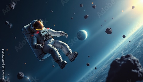 Astronaut Floating in Space Amidst Asteroids and Distant Planet