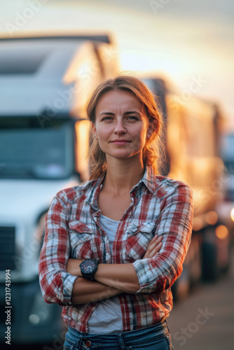 Truck driver occupation. Portrait of woman truck driver in casual clothes standing in front of truck vehicles. Transport industry theme