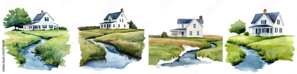 Fototapeta premium Charming pastoral landscape featuring traditional farmhouses nestled amidst a lush countryside setting