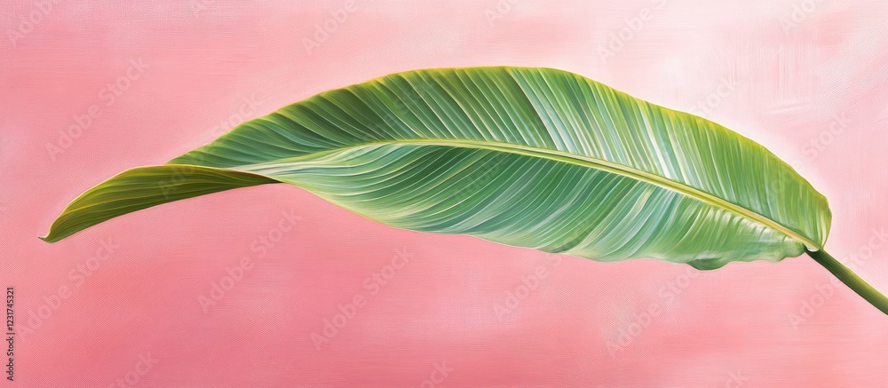 Obraz premium Vibrant green tropical leaf elegantly positioned above a soft serene pink background creating a calming exotic and alluring atmosphere