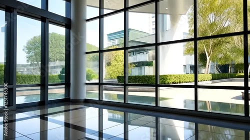 Abstract interior with large sunny windows and white walls, coffee room or office background