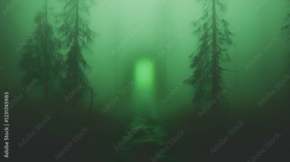 Fototapeta premium Mysterious green forest path, fog, eerie atmosphere; horror game background
