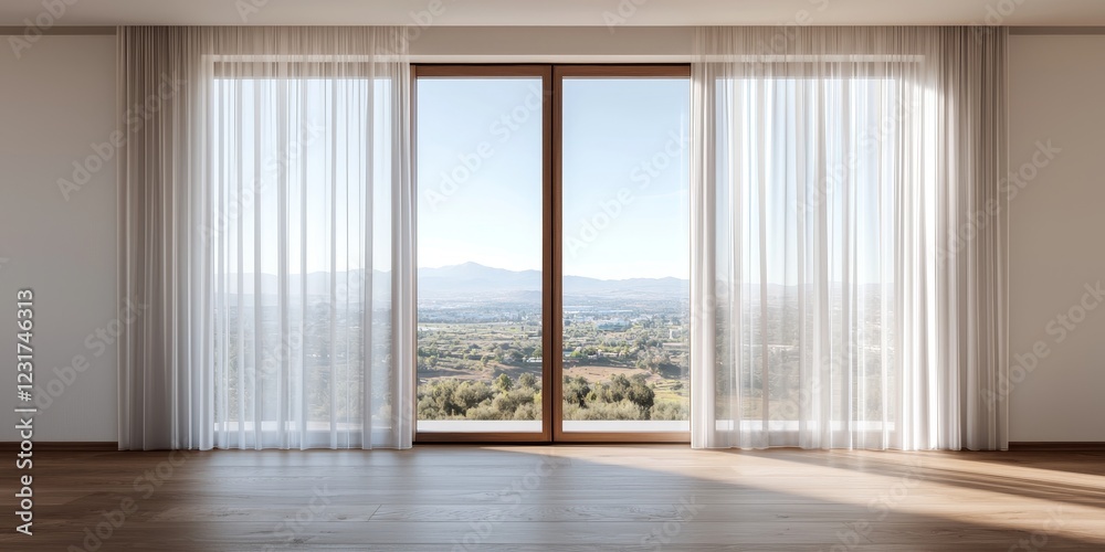 Future lifestyle minimal design concept. Modern interior with large windows and sheer curtains revealing a scenic view. Future lifestyle minimal design concept. Modern interior with large windows and sheer curtains revealing a scenic view.