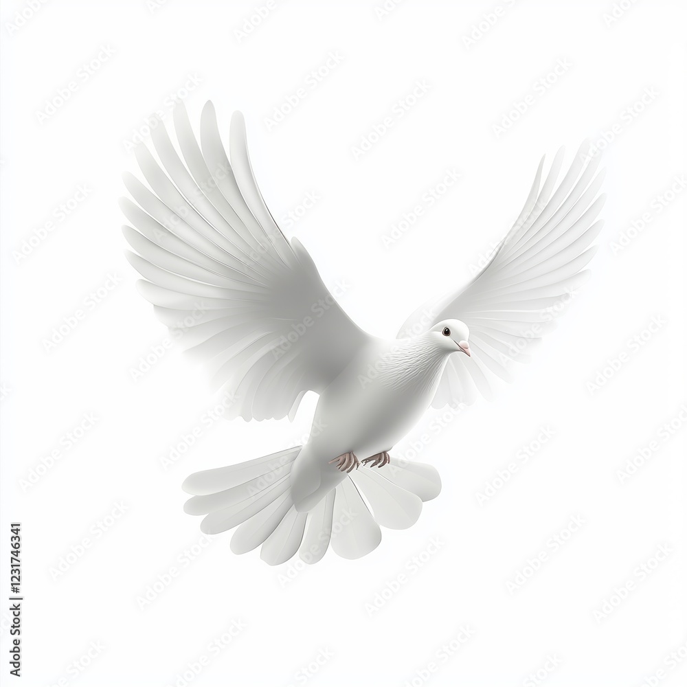 Obraz premium White dove with its wings spread wide in mid-flight, isolated on a clean white background