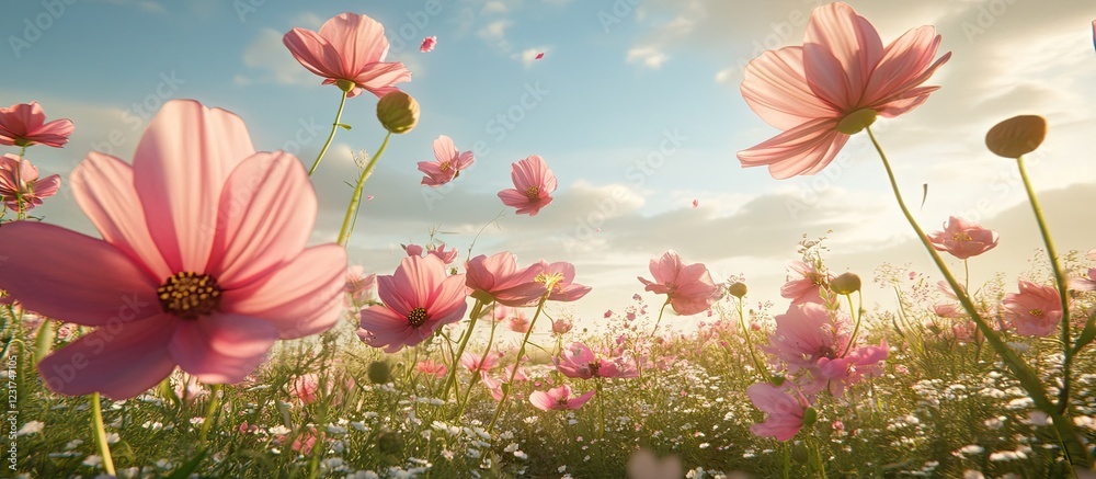 Fototapeta premium Vibrant pink cosmos flowers sway in a field under a clear blue sky with soft clouds creating a picturesque garden scene filled with tranquility