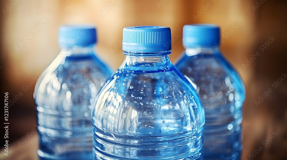 Three water bottles on wood, blurred background. Drinks, health Three water bottles on wood, blurred background. Drinks, health