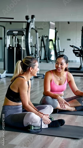 Two friends enjoy a workout session and relaxation at a gym in the afternoon