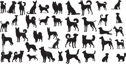Silhouettes of Various Dog Breeds in Different Poses - Vector Set Logo Icon