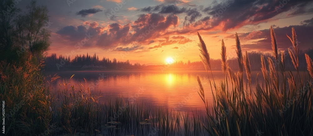 Obraz premium Serene sunset landscape with vibrant orange and purple sky, reflecting on calm lake waters, tall grasses silhouetted at the shoreline.