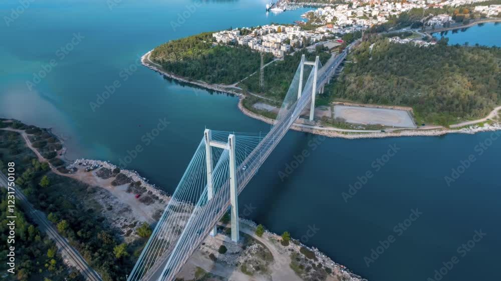 Aerial hyper time lapse view of the new Evripus suspension bridge between Euboea and mainland Greece with car traffic Aerial hyper time lapse view of the new Evripus suspension bridge between Euboea and mainland Greece with car traffic