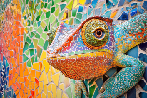 A chameleon blending into a colorful mosaic wall, its eyes humorously mismatched photo