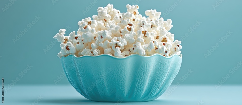 Vibrant turquoise bowl filled with fluffy white popcorn sprinkled with salt creating an inviting and delightful snack display on a soft background Vibrant turquoise bowl filled with fluffy white popcorn sprinkled with salt creating an inviting and delightful snack display on a soft background
