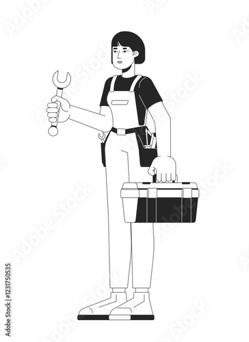 Female mechanic holding wrench and toolbox linear illustration. Repairwoman handywoman. Workshop occupation. Plumber woman asian 2D line character isolated on white. Monochrome vector outline image