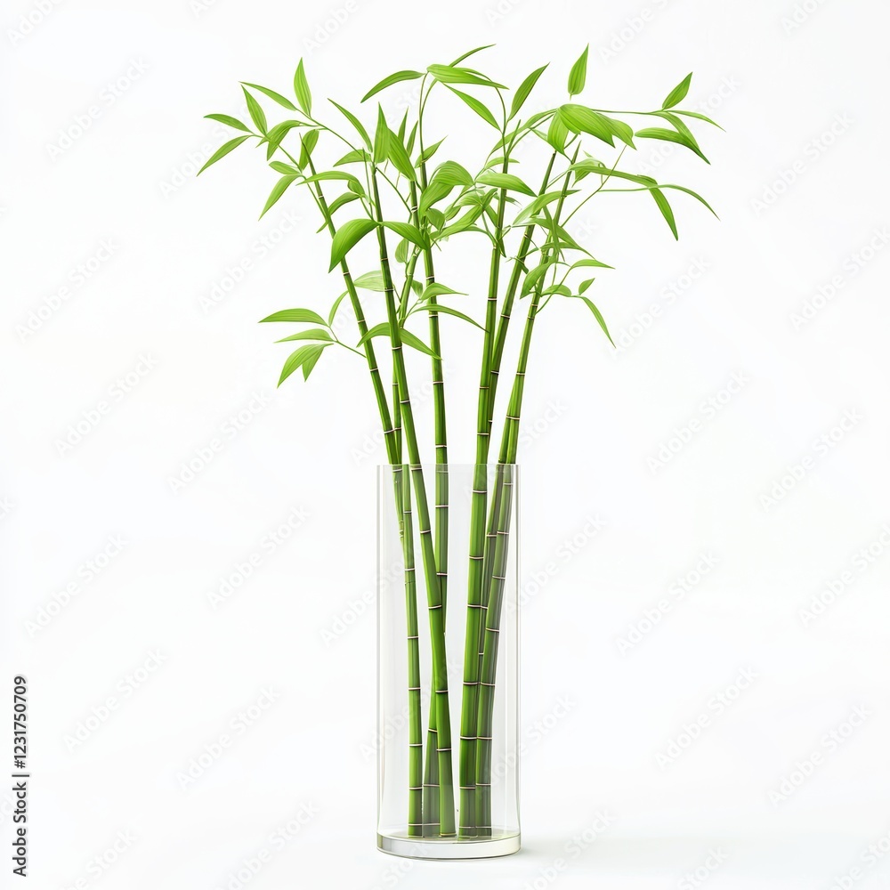 Bamboo plant with tall, slender stalks in a glass vase, placed on a bright white background Bamboo plant with tall, slender stalks in a glass vase, placed on a bright white background
