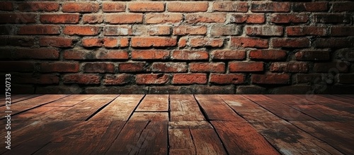 Textured old brick wall with worn spots and a rustic wooden floor illuminated by soft light creating a versatile grunge background for design projects