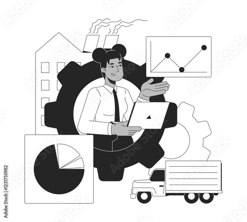 Black woman analyzing industrial and logistics data black and white 2D illustration concept. Supply chain. African american female manager outline character isolated. Metaphor monochrome vector art