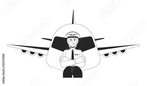 Female pilot with airplane linear illustration. Airline captain. Confident woman leader with crossed arms in aviation career 2D line character isolated on white. Monochrome vector outline image